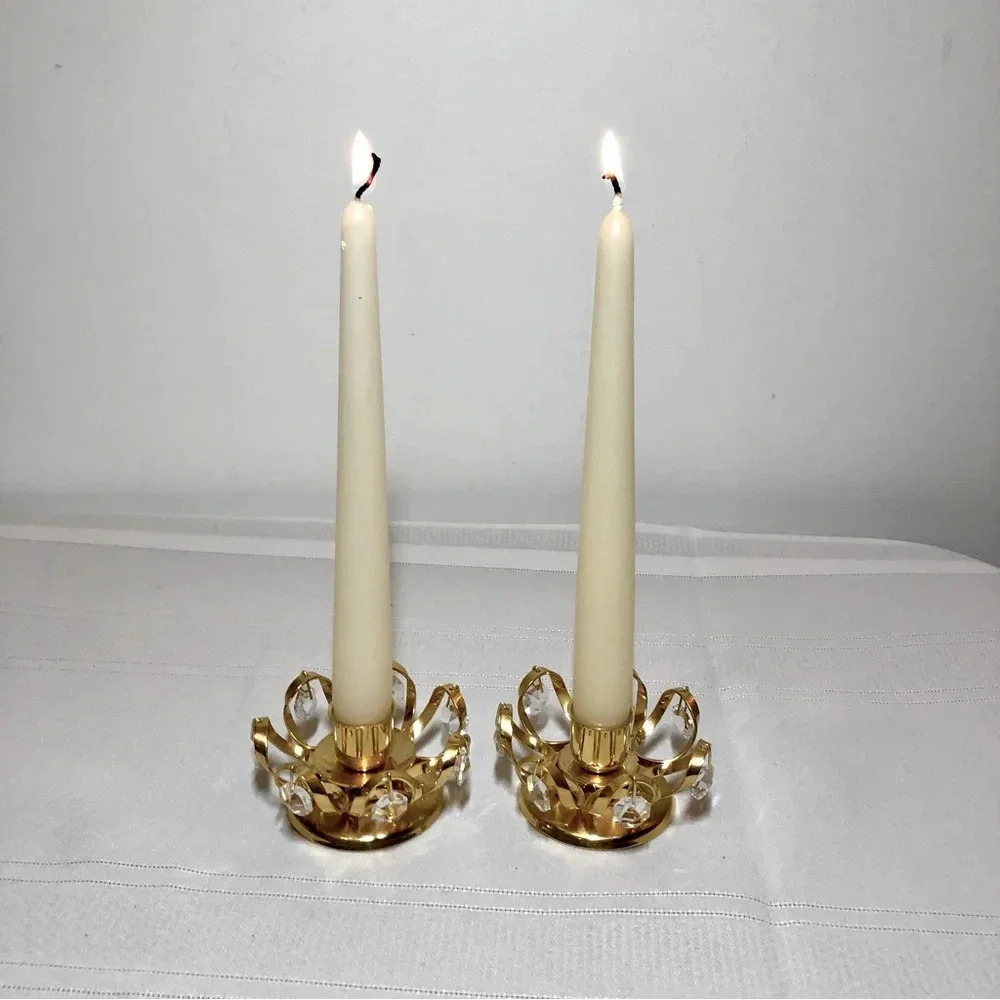 MCM candle holders with hanging crystals. Use  with taper candles. Vintage